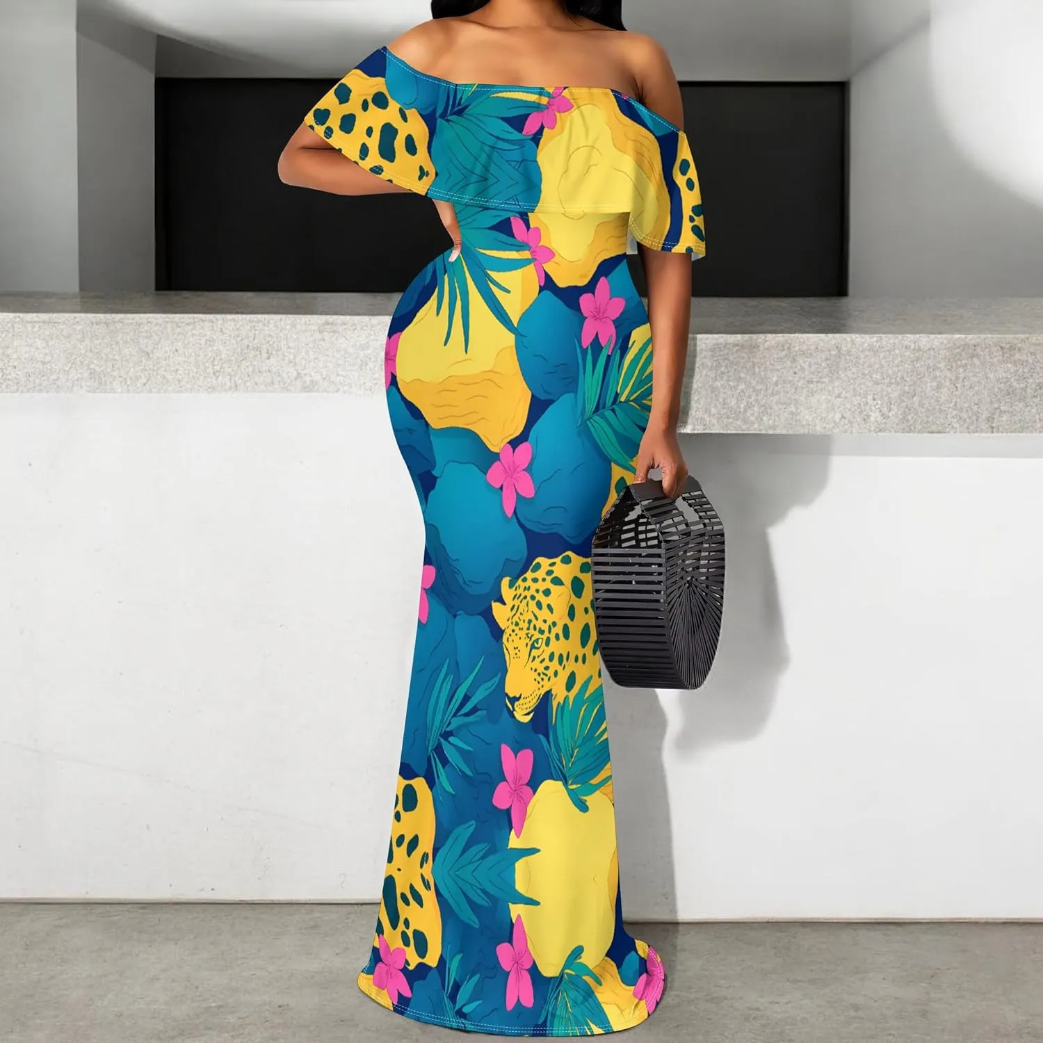 Plus Size Dresses for Curvy Women Off The Shoulder Ruffled Halter Back Long Club Party Cocktail Dress