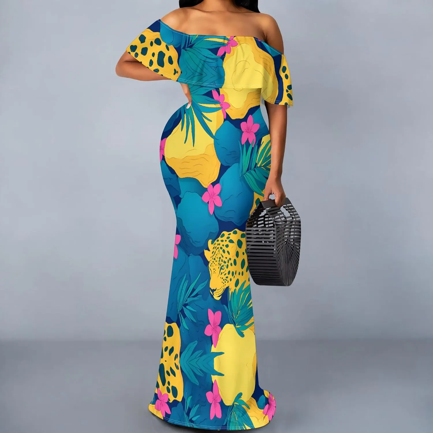 Plus Size Dresses for Curvy Women Off The Shoulder Ruffled Halter Back Long Club Party Cocktail Dress