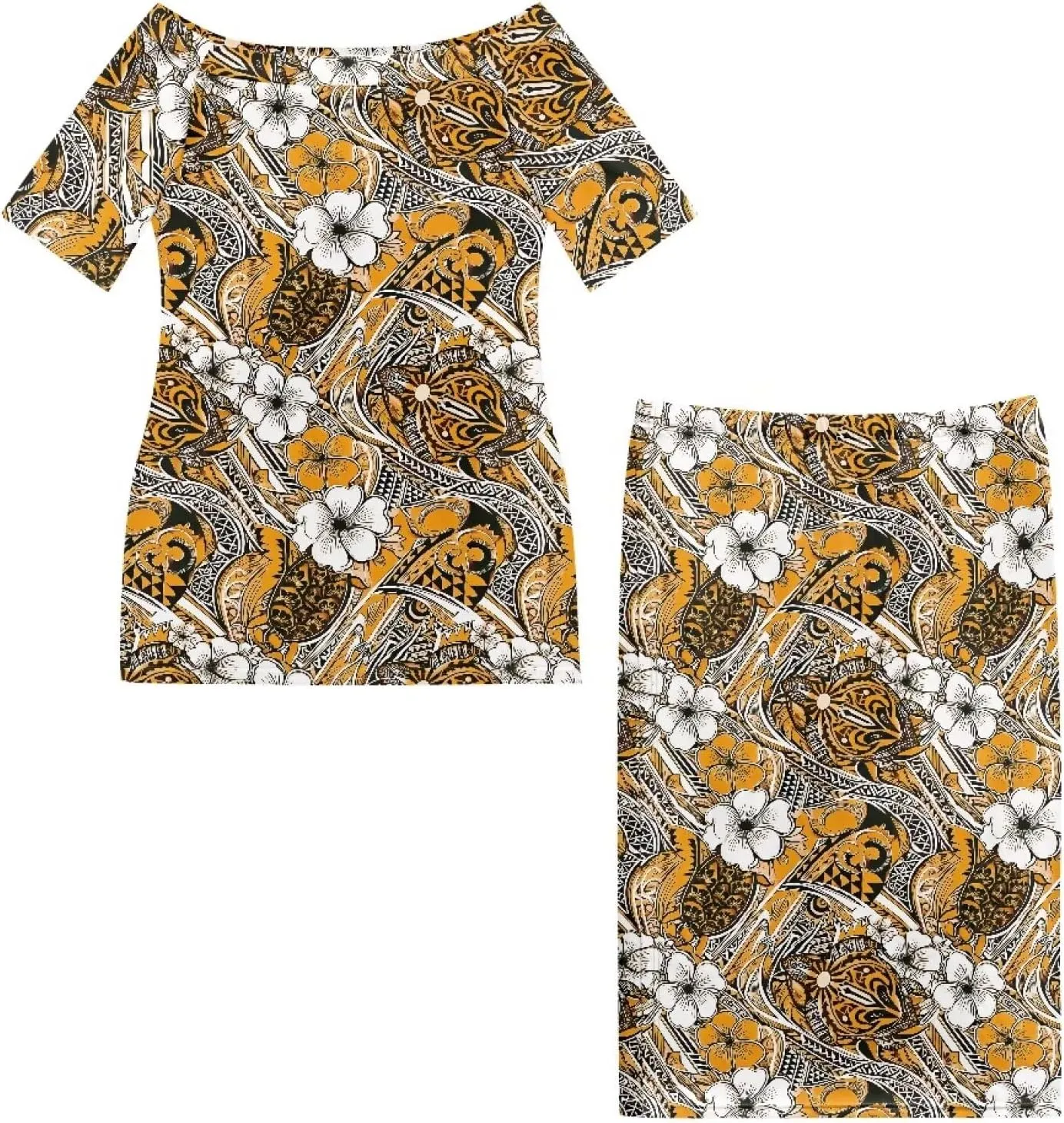 Polynesian Dress for Women Samoan Dress Short Sleeve Crewneck Plus Size Two Piece Set Outfit