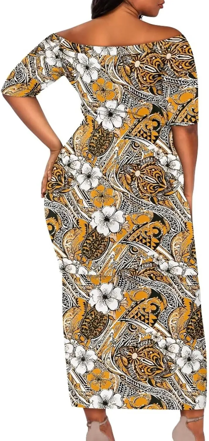 Polynesian Dress for Women Samoan Dress Short Sleeve Crewneck Plus Size Two Piece Set Outfit