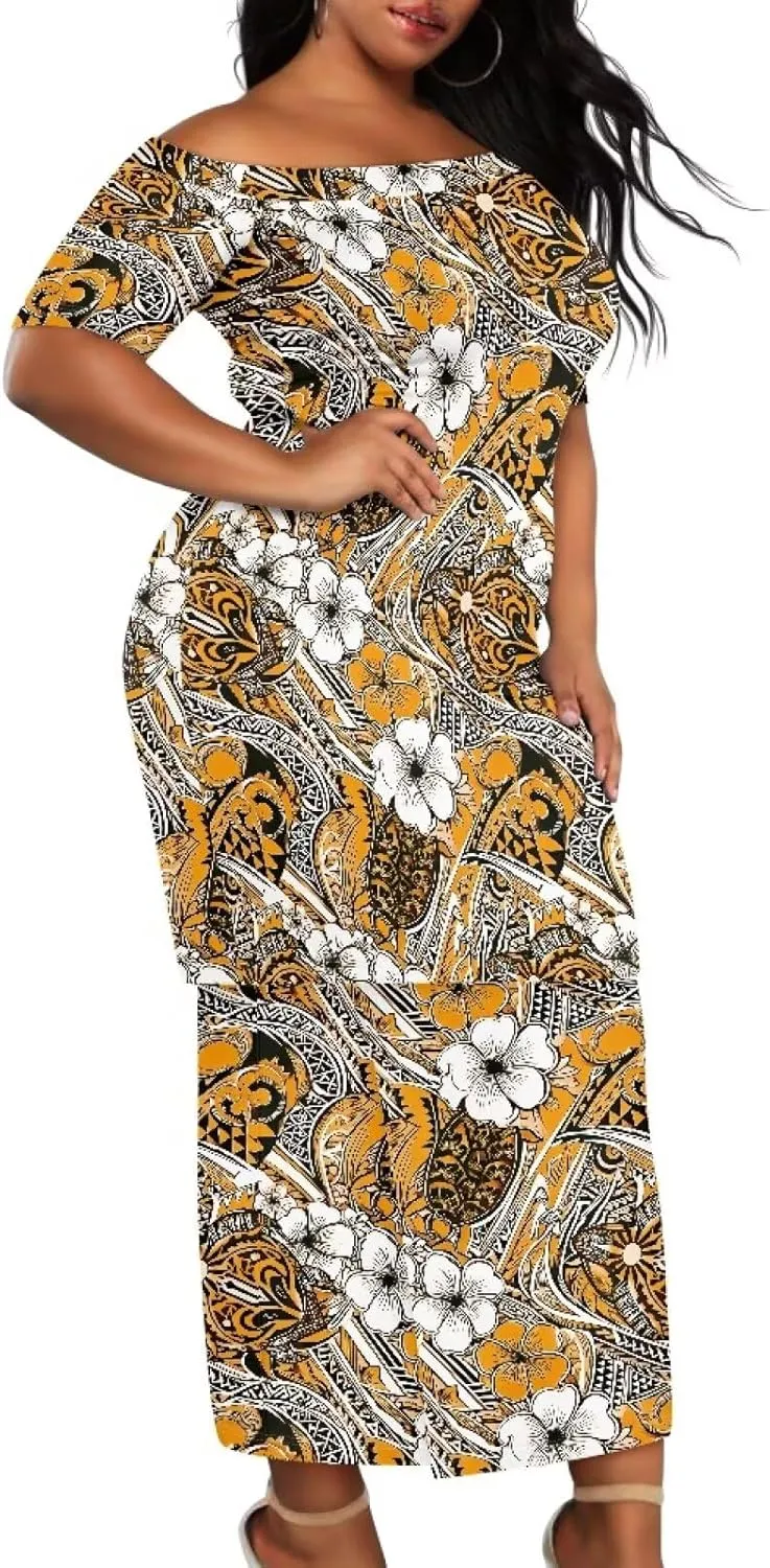 Polynesian Dress for Women Samoan Dress Short Sleeve Crewneck Plus Size Two Piece Set Outfit