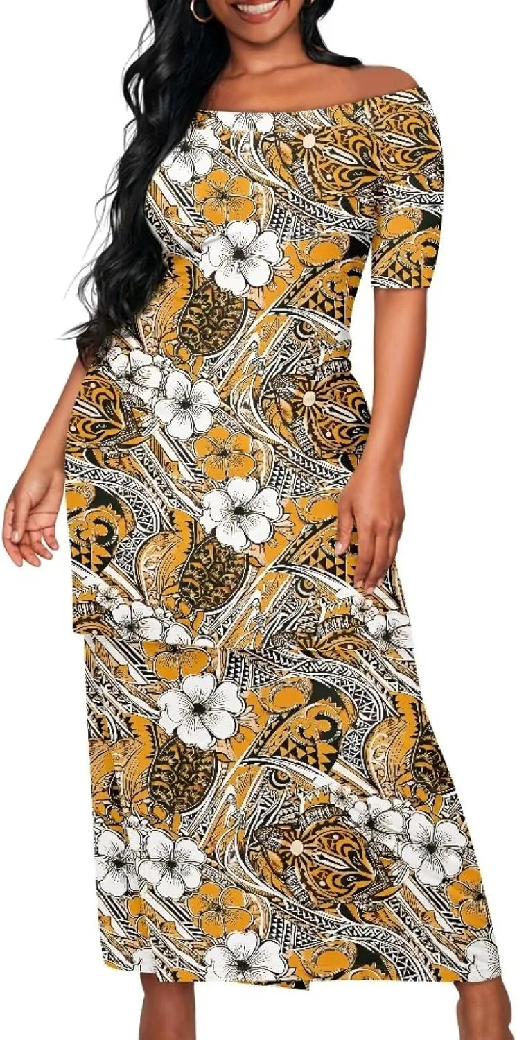 Polynesian Dress for Women Samoan Dress Short Sleeve Crewneck Plus Size Two Piece Set Outfit