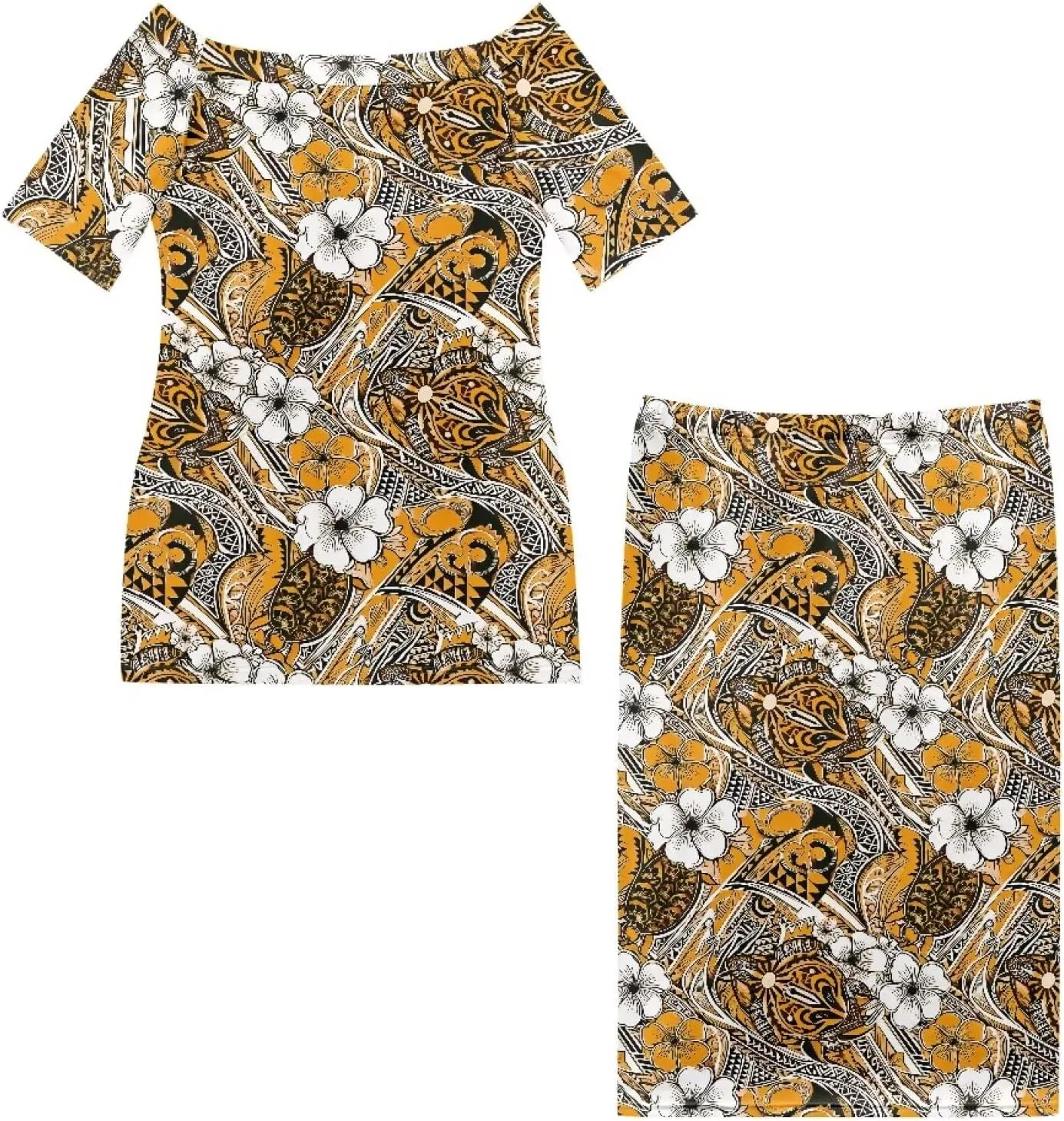Polynesian Dress for Women Samoan Dress Short Sleeve Crewneck Plus Size Two Piece Set Outfit