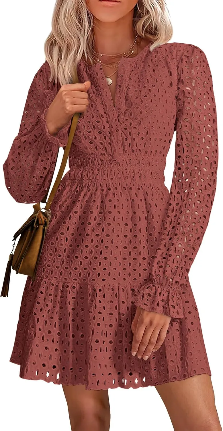 PRETTYGARDEN Women's 2025 Long Sleeve Mini Dress Eyelet V Neck A Line Casual Elegant Holiday Wedding Guest Party Dresses