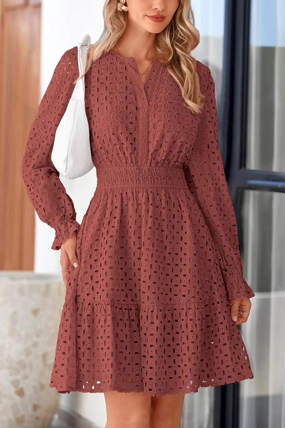 PRETTYGARDEN Women's 2025 Long Sleeve Mini Dress Eyelet V Neck A Line Casual Elegant Holiday Wedding Guest Party Dresses