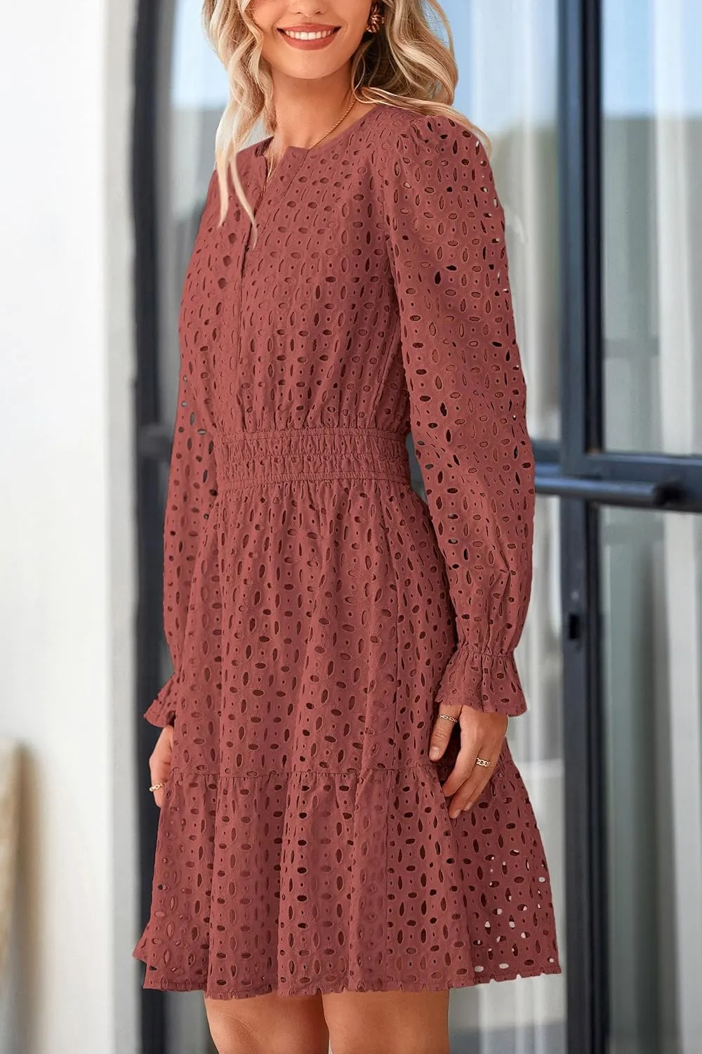 PRETTYGARDEN Women's 2025 Long Sleeve Mini Dress Eyelet V Neck A Line Casual Elegant Holiday Wedding Guest Party Dresses