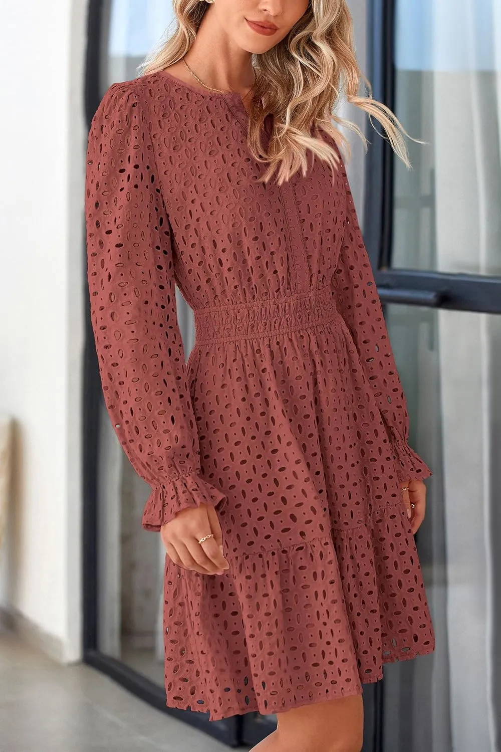 PRETTYGARDEN Women's 2025 Long Sleeve Mini Dress Eyelet V Neck A Line Casual Elegant Holiday Wedding Guest Party Dresses