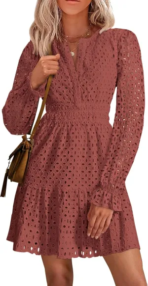 PRETTYGARDEN Women's 2025 Long Sleeve Mini Dress Eyelet V Neck A Line Casual Elegant Holiday Wedding Guest Party Dresses