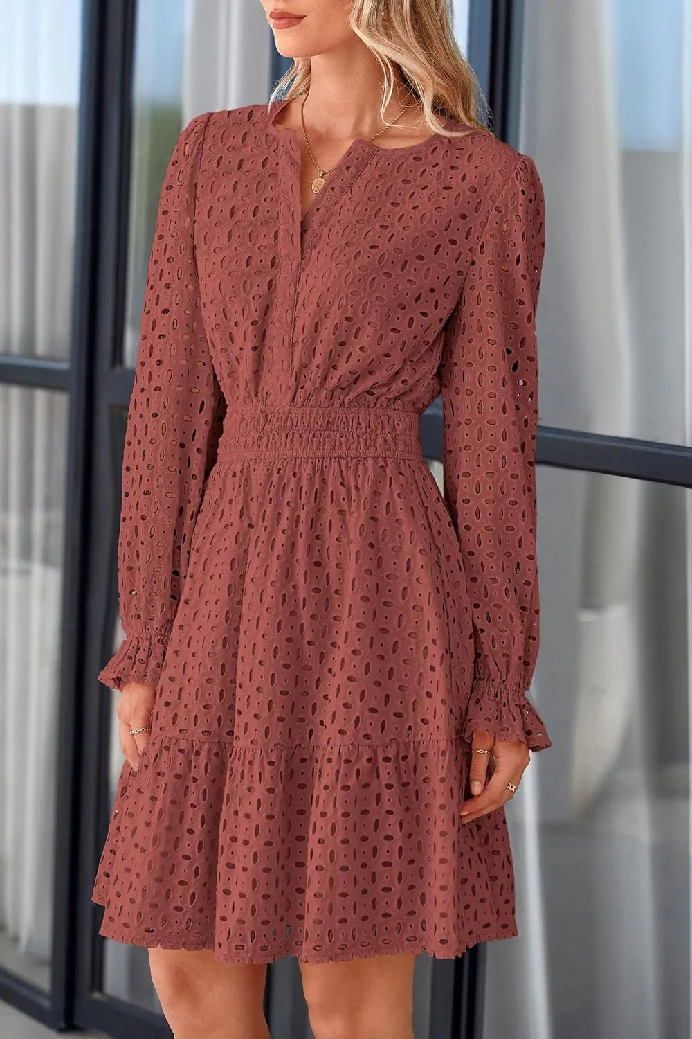 PRETTYGARDEN Women's 2025 Long Sleeve Mini Dress Eyelet V Neck A Line Casual Elegant Holiday Wedding Guest Party Dresses