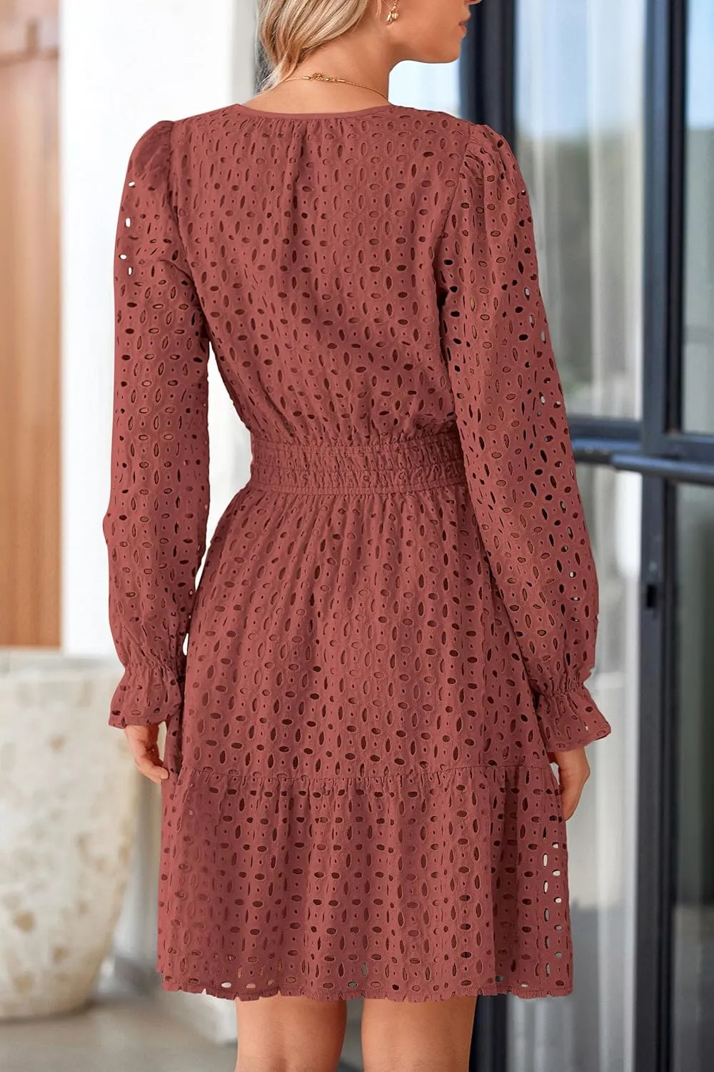 PRETTYGARDEN Women's 2025 Long Sleeve Mini Dress Eyelet V Neck A Line Casual Elegant Holiday Wedding Guest Party Dresses
