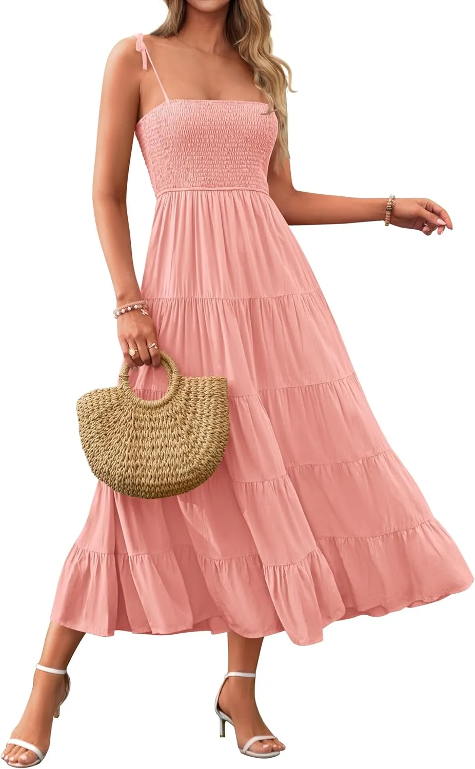 PRETTYGARDEN Women's Summer Dresses 2025 Spaghetti Strap Sleeveless Backless Smocked A-Line Boho Flowy Midi Beach Dress