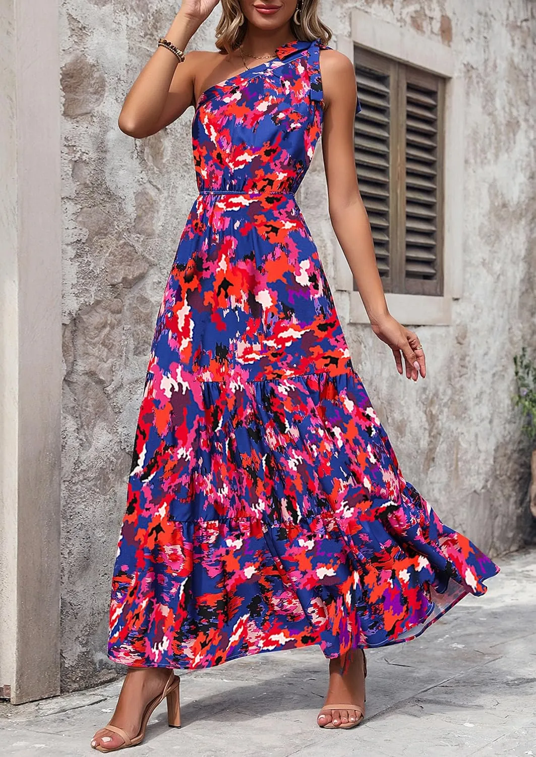 PRETTYGARDEN Women's Summer Floral One Shoulder Maxi Dress Knot Ruffle Boho Beach Vacation Wedding Guest Long Dresses