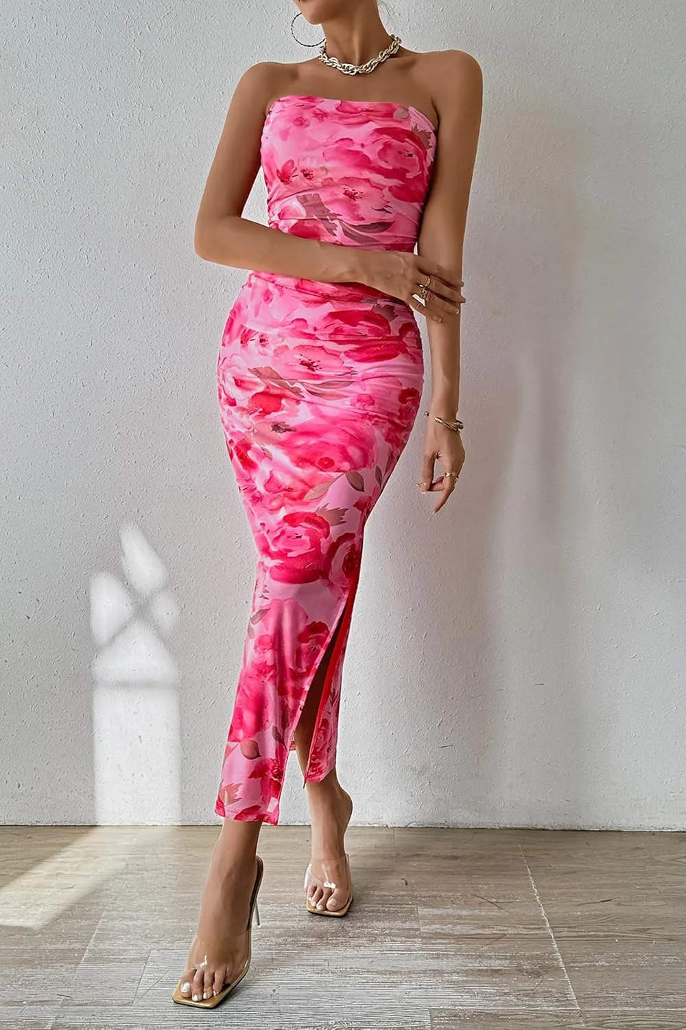 PRETTYGARDEN Women's Summer Maxi Bodycon Dresses Strapless Tube Top Slit Floral Printed Party Club Long Dress