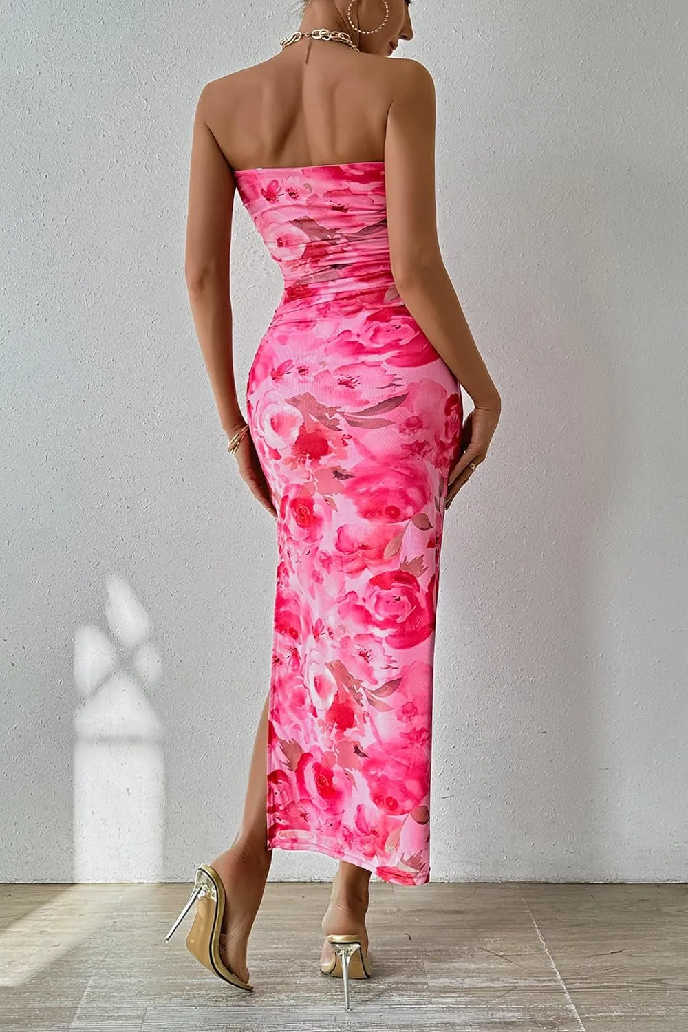 PRETTYGARDEN Women's Summer Maxi Bodycon Dresses Strapless Tube Top Slit Floral Printed Party Club Long Dress