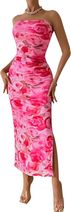PRETTYGARDEN Women's Summer Maxi Bodycon Dresses Strapless Tube Top Slit Floral Printed Party Club Long Dress