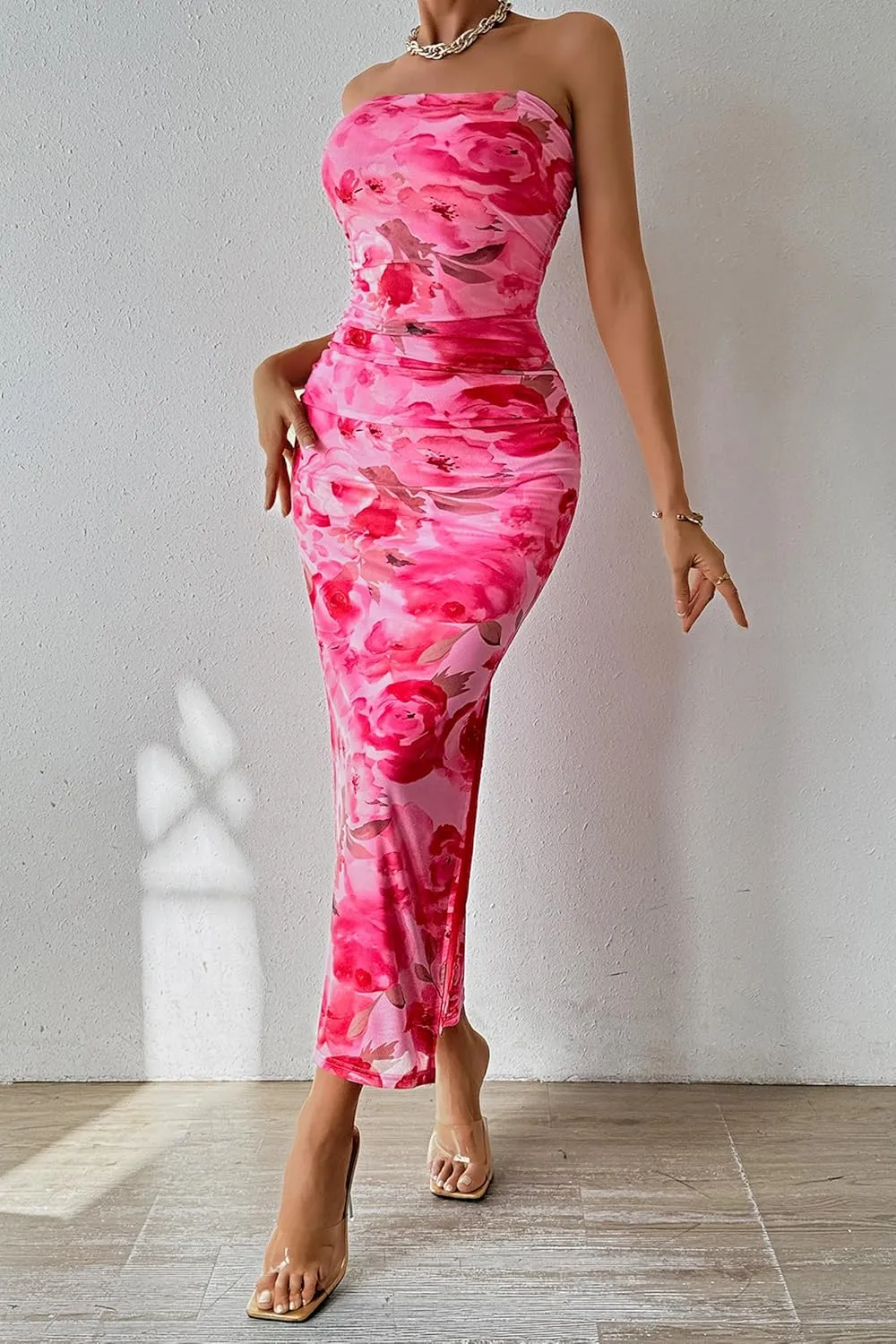 PRETTYGARDEN Women's Summer Maxi Bodycon Dresses Strapless Tube Top Slit Floral Printed Party Club Long Dress