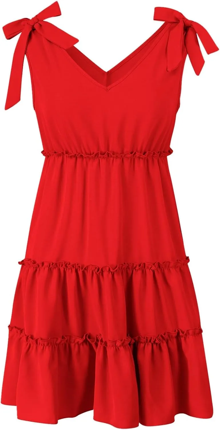 PTOLOCIF Women's Summer Casual V Neck Sleeveless Mini Dress Tie Shoulder Width Layered Ruffles Dress for Beach