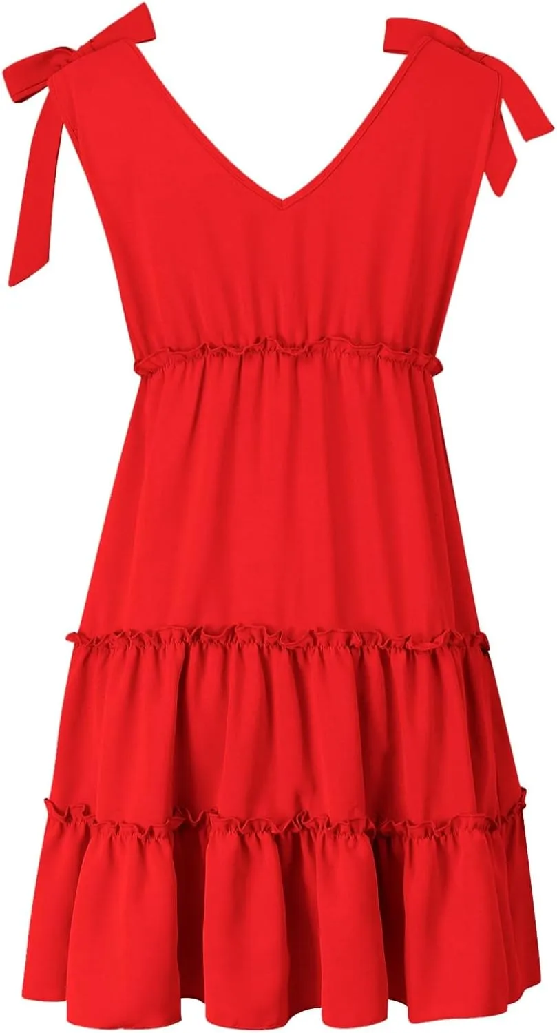 PTOLOCIF Women's Summer Casual V Neck Sleeveless Mini Dress Tie Shoulder Width Layered Ruffles Dress for Beach