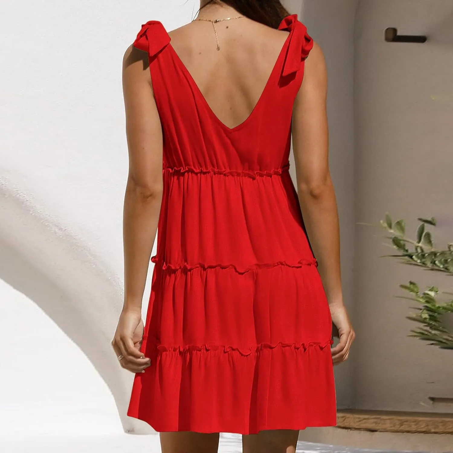 PTOLOCIF Women's Summer Casual V Neck Sleeveless Mini Dress Tie Shoulder Width Layered Ruffles Dress for Beach