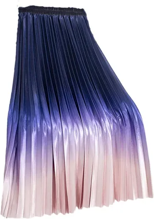 Pulcykp Gradient Long Skirt Women Casual A Line High Waist Pleated Midi Skirt
