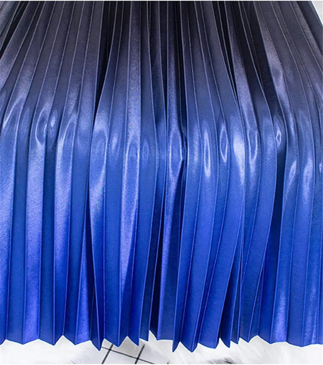 Pulcykp Gradient Long Skirt Women Casual A Line High Waist Pleated Midi Skirt