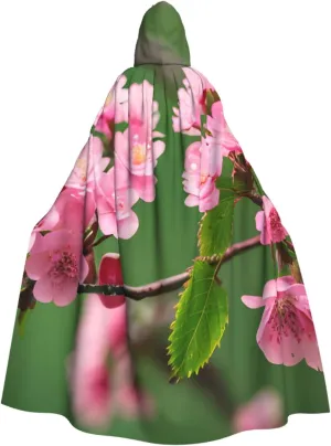 Red Cherry Blossoms Print Hooded Cloak Halloween Costume Adult Size with Dramatic Cloak for Cosplays,Witch Capes