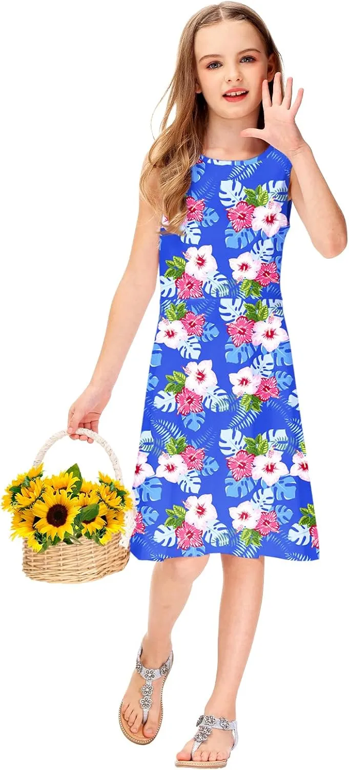 Remimi Girls Summer Sleeveless Dress Tropical Print Skater Twirly Dresses 3-14 Years