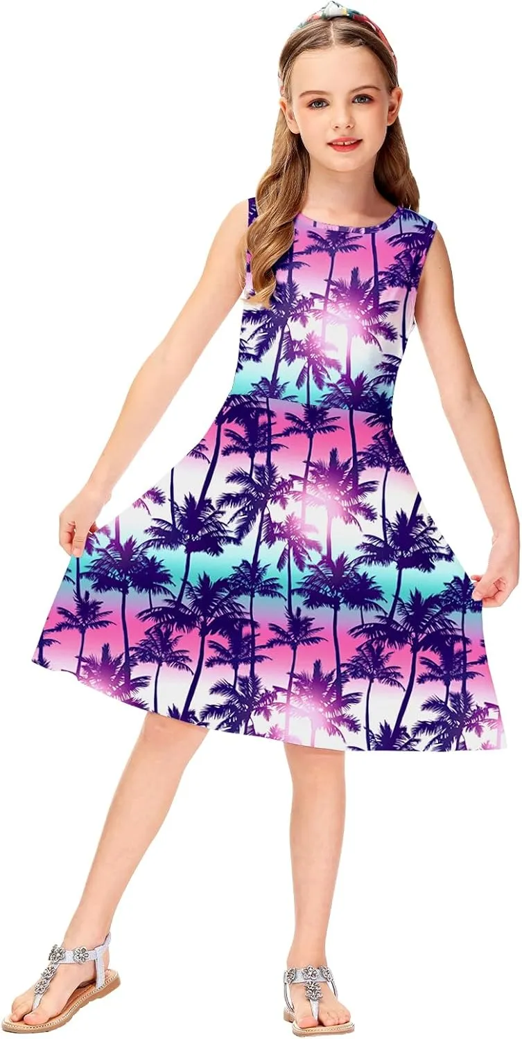 Remimi Girls Summer Sleeveless Dress Tropical Print Skater Twirly Dresses 3-14 Years