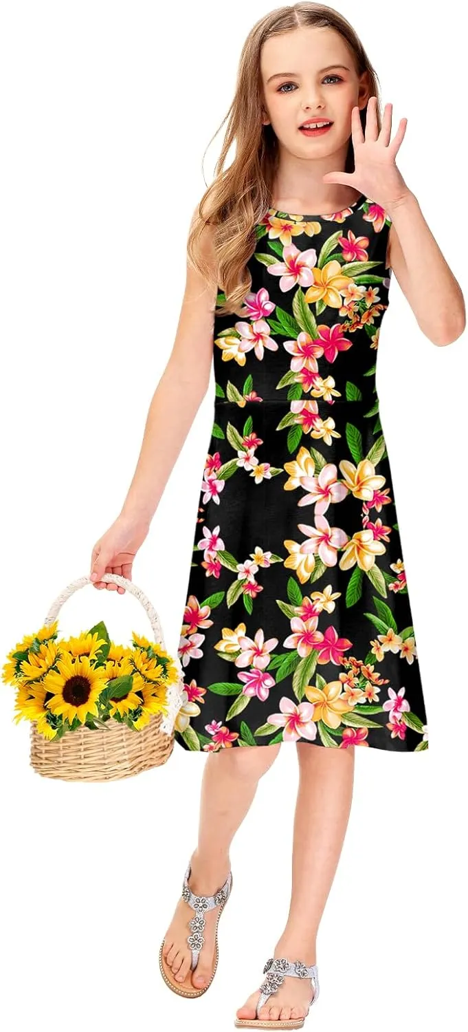 Remimi Girls Summer Sleeveless Dress Tropical Print Skater Twirly Dresses 3-14 Years