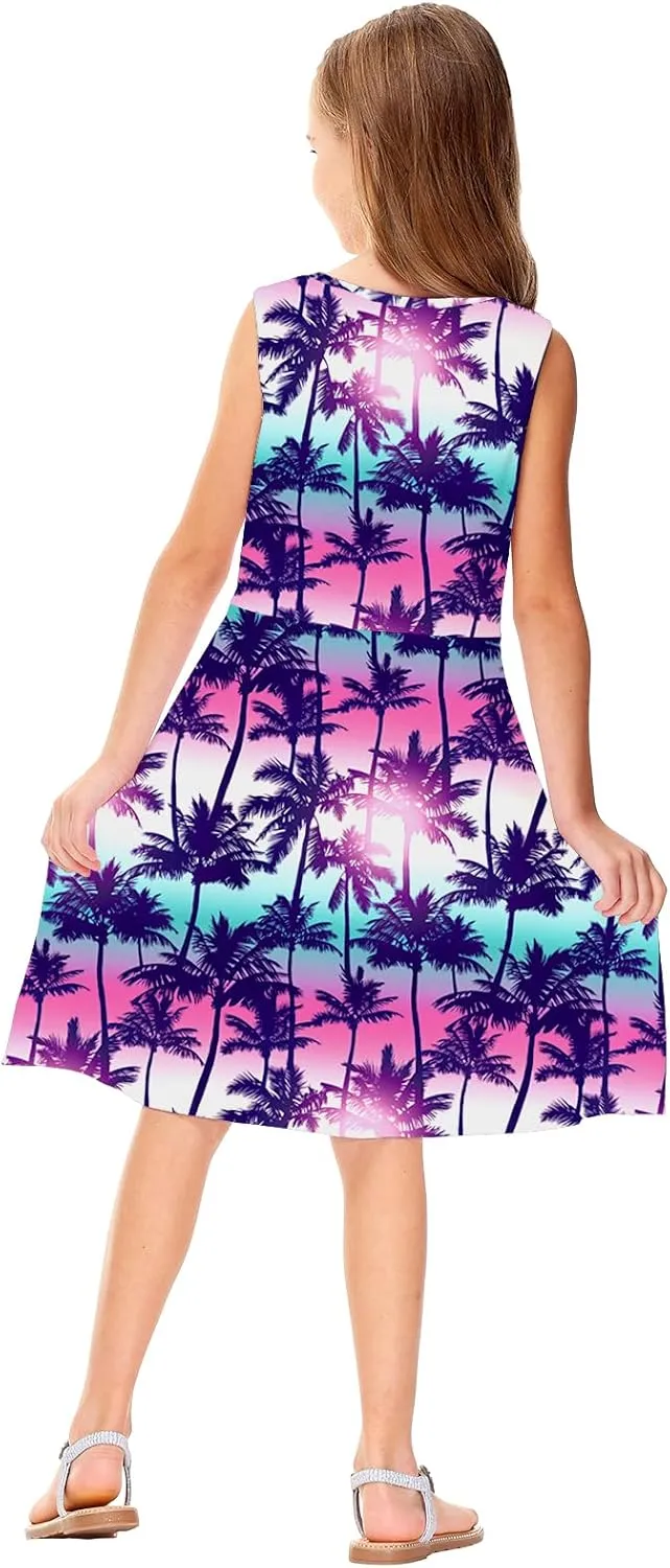Remimi Girls Summer Sleeveless Dress Tropical Print Skater Twirly Dresses 3-14 Years