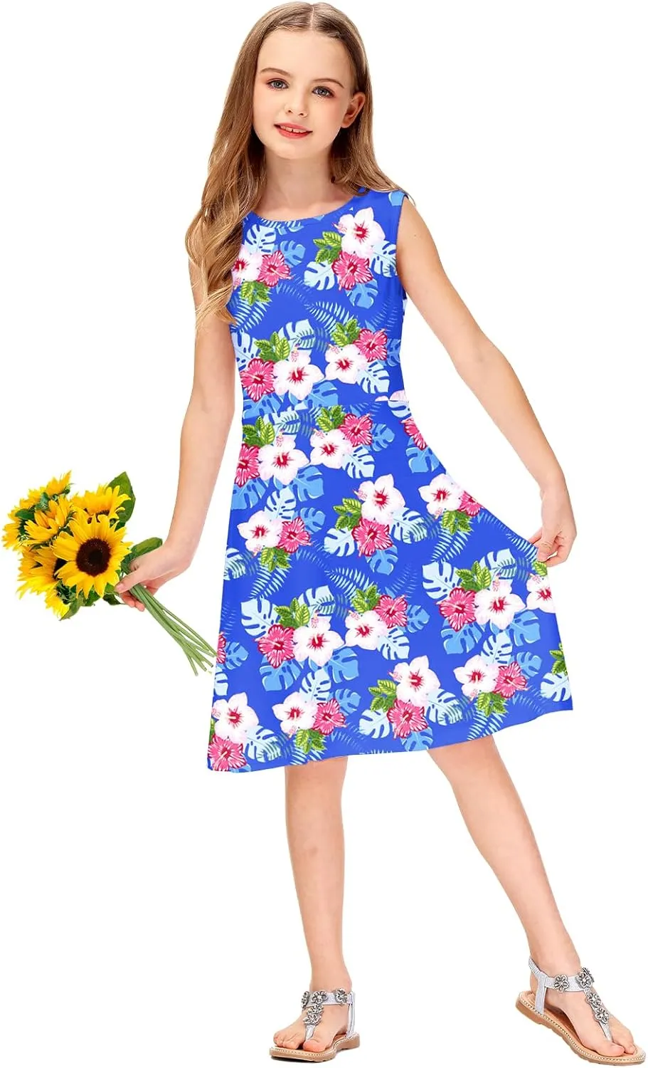 Remimi Girls Summer Sleeveless Dress Tropical Print Skater Twirly Dresses 3-14 Years