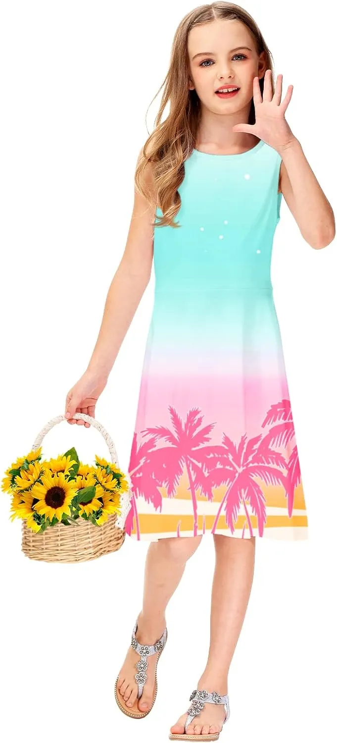 Remimi Girls Summer Sleeveless Dress Tropical Print Skater Twirly Dresses 3-14 Years