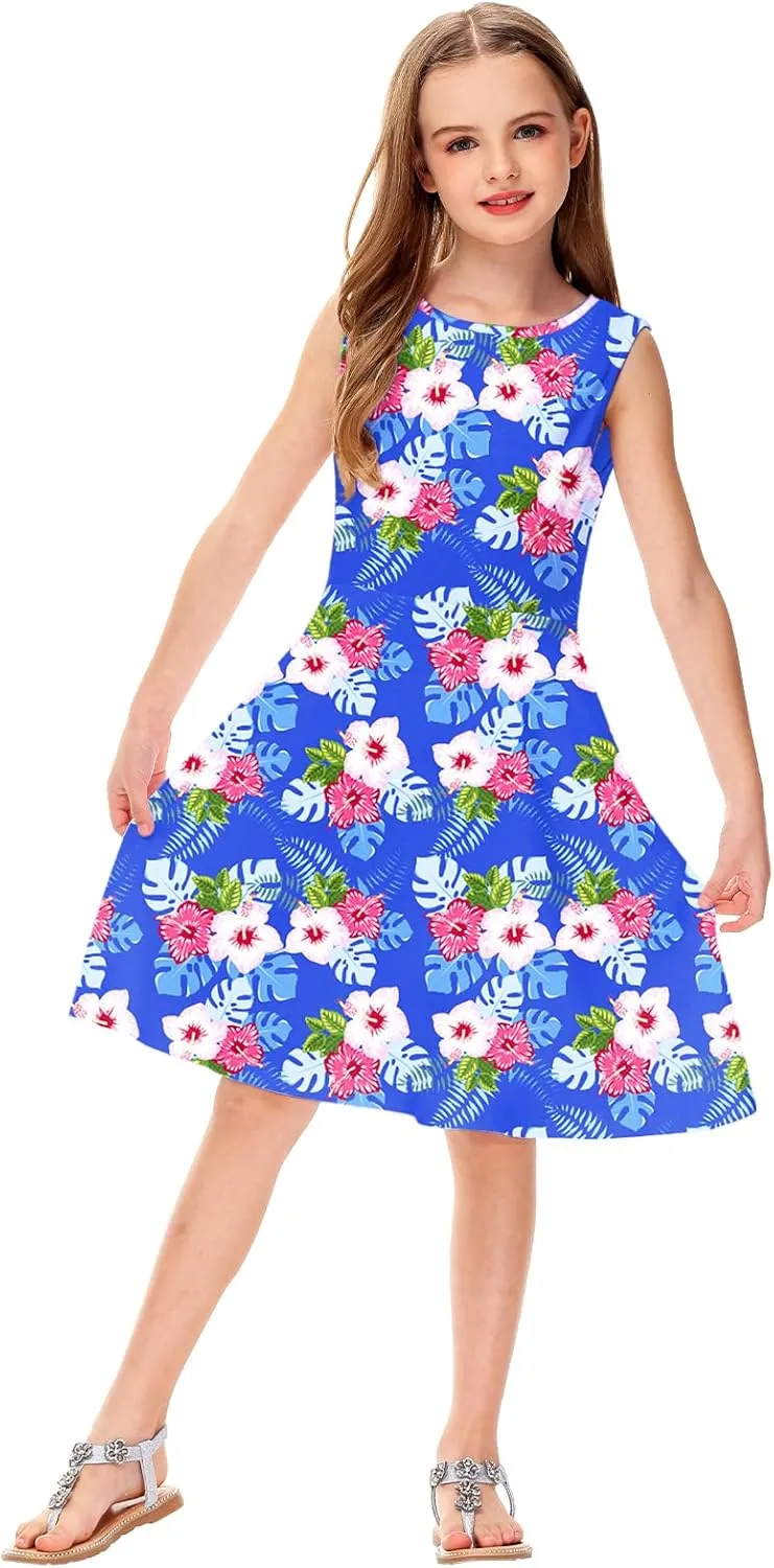 Remimi Girls Summer Sleeveless Dress Tropical Print Skater Twirly Dresses 3-14 Years