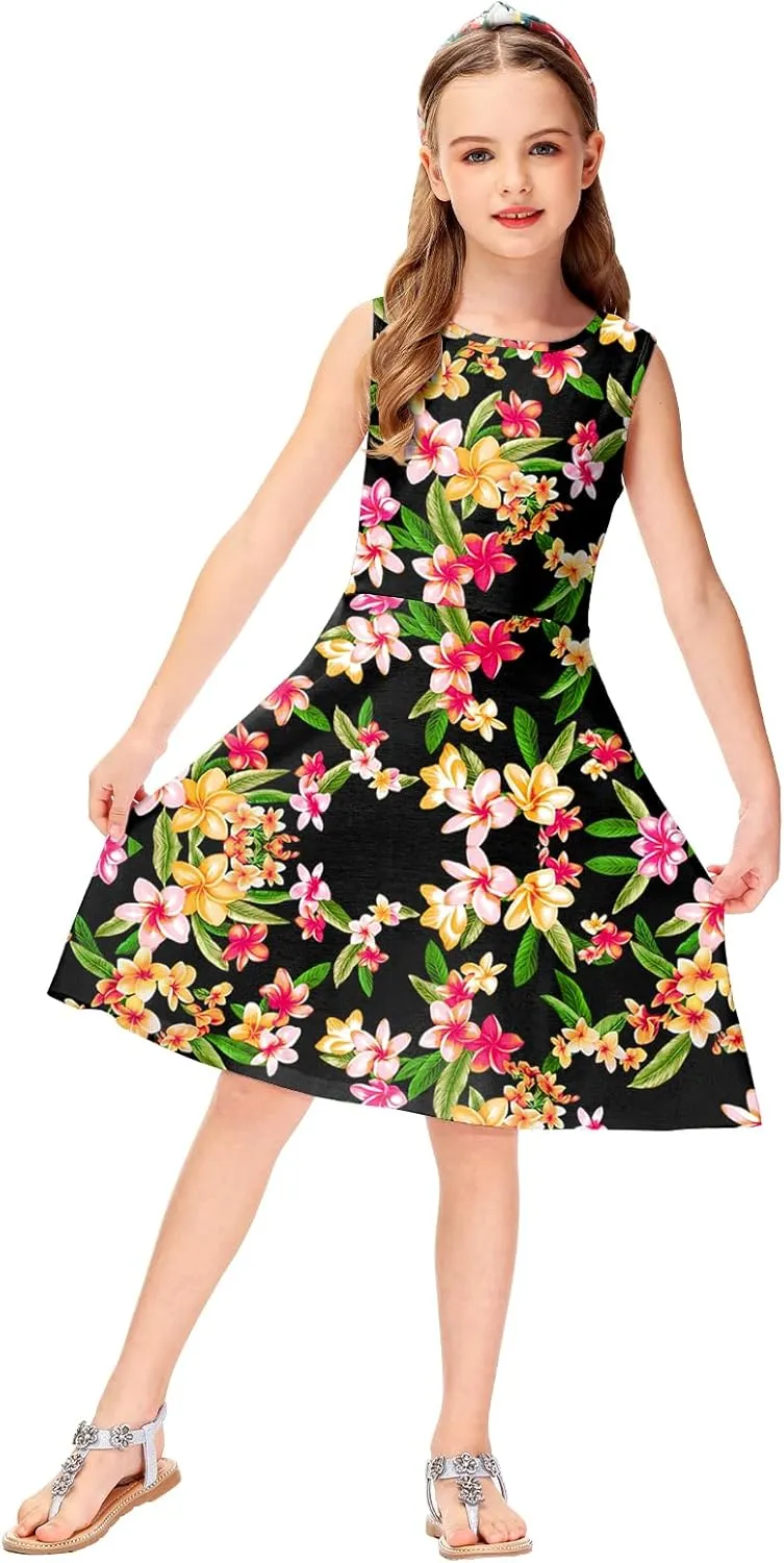 Remimi Girls Summer Sleeveless Dress Tropical Print Skater Twirly Dresses 3-14 Years