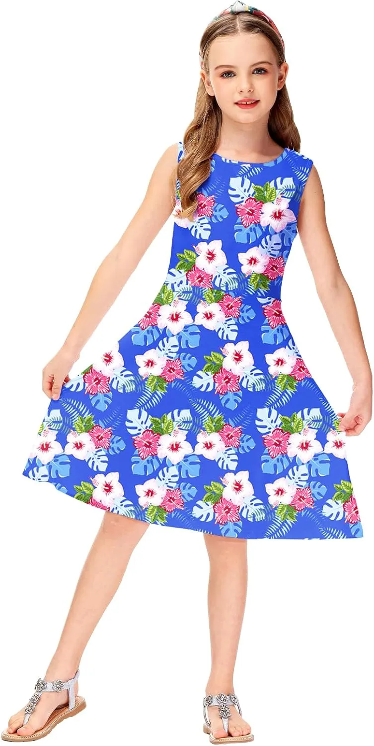 Remimi Girls Summer Sleeveless Dress Tropical Print Skater Twirly Dresses 3-14 Years
