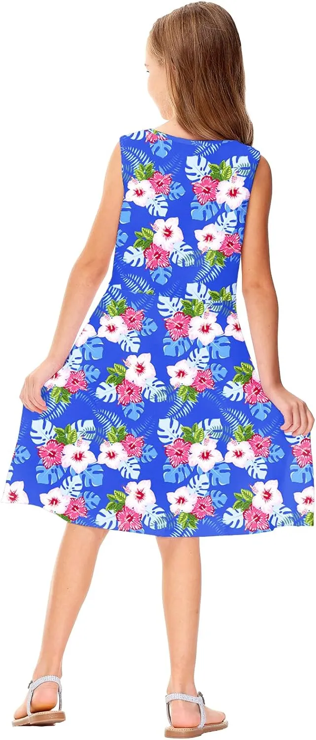 Remimi Girls Summer Sleeveless Dress Tropical Print Skater Twirly Dresses 3-14 Years