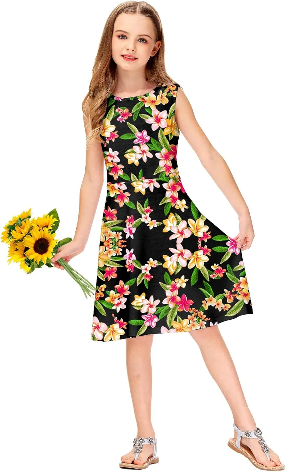 Remimi Girls Summer Sleeveless Dress Tropical Print Skater Twirly Dresses 3-14 Years