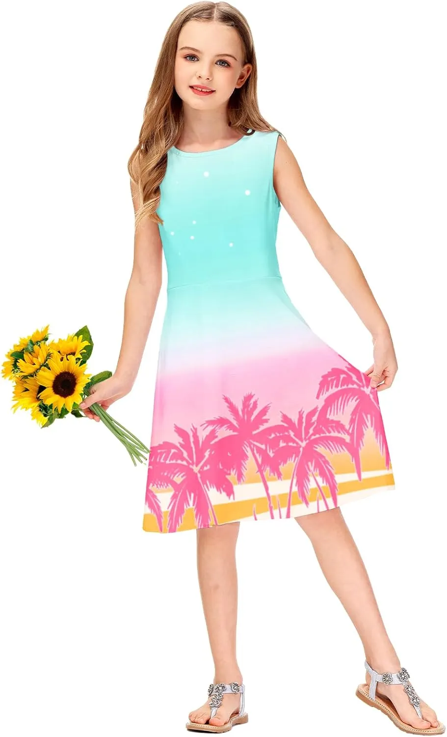 Remimi Girls Summer Sleeveless Dress Tropical Print Skater Twirly Dresses 3-14 Years