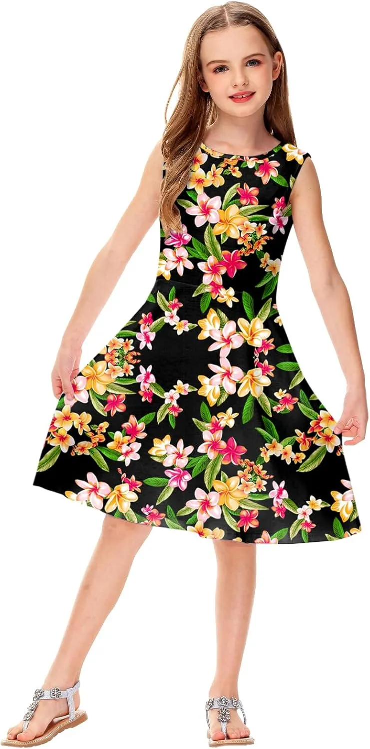 Remimi Girls Summer Sleeveless Dress Tropical Print Skater Twirly Dresses 3-14 Years