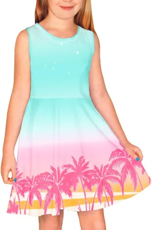 Remimi Girls Summer Sleeveless Dress Tropical Print Skater Twirly Dresses 3-14 Years