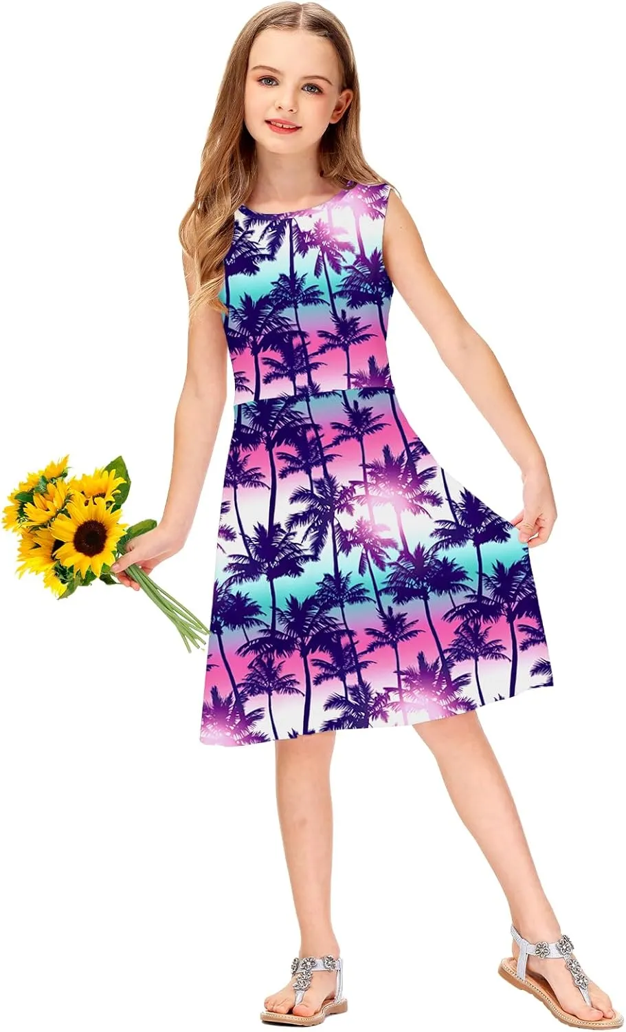 Remimi Girls Summer Sleeveless Dress Tropical Print Skater Twirly Dresses 3-14 Years