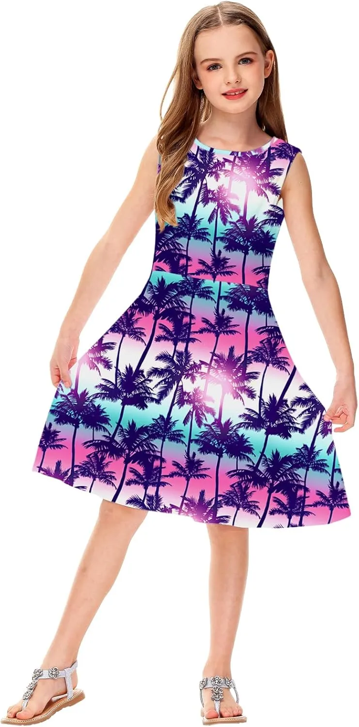 Remimi Girls Summer Sleeveless Dress Tropical Print Skater Twirly Dresses 3-14 Years