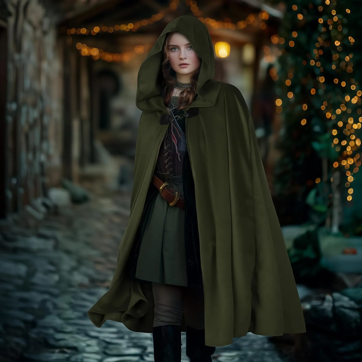 Renaissance Hooded Cloak Halloween Costume, Medieval Cosplay Wizard Witch Cape