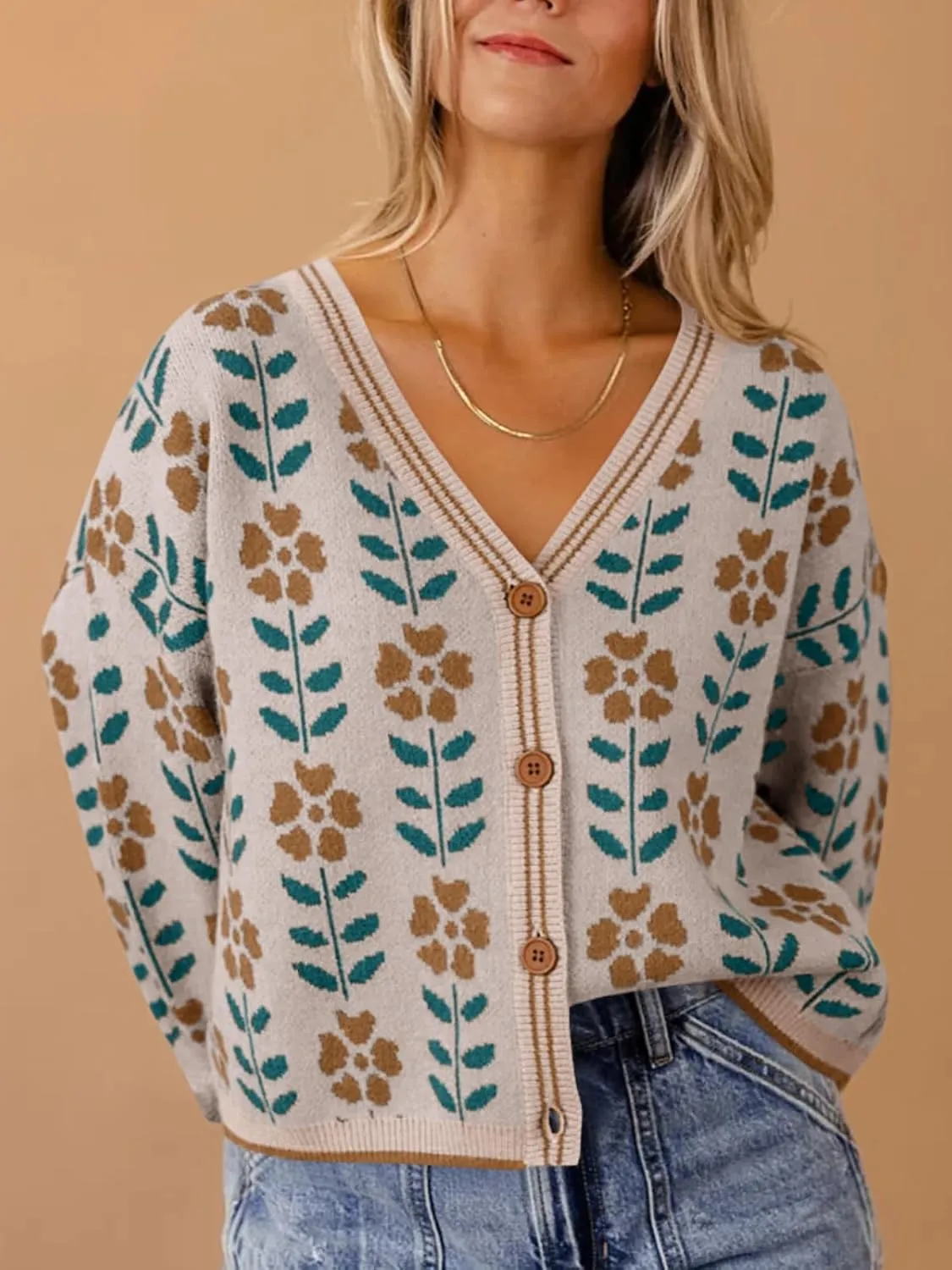 Saodimallsu Womens Floral Print V Neck Cardigan Open Front Button Down Knit Sweater Long Sleeve Loose Fashion Tops