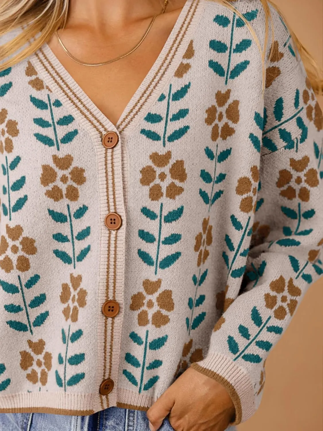 Saodimallsu Womens Floral Print V Neck Cardigan Open Front Button Down Knit Sweater Long Sleeve Loose Fashion Tops