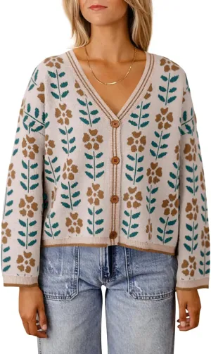 Saodimallsu Womens Floral Print V Neck Cardigan Open Front Button Down Knit Sweater Long Sleeve Loose Fashion Tops