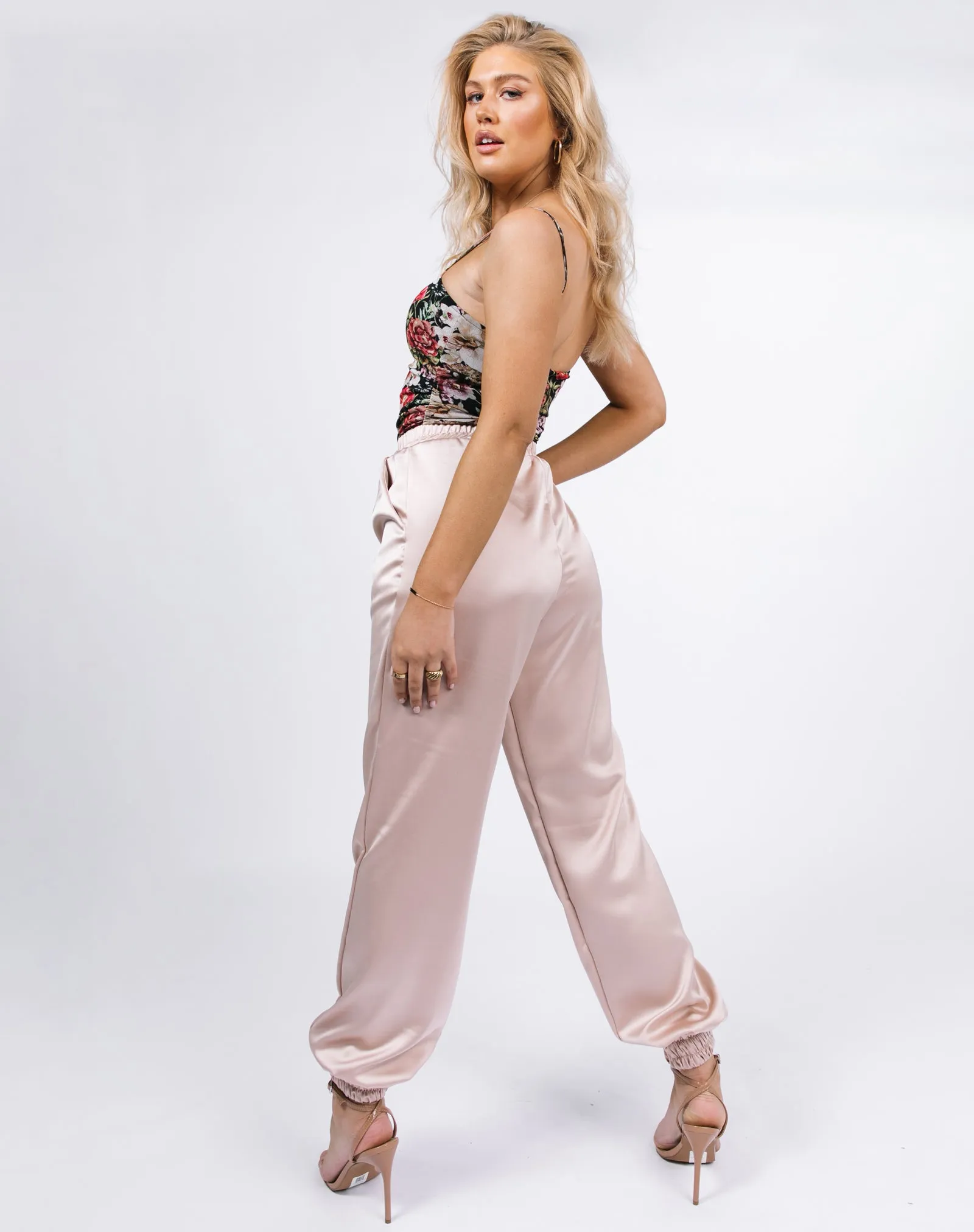 Satin Jogger Trousers in Champagne Pink | Kyla