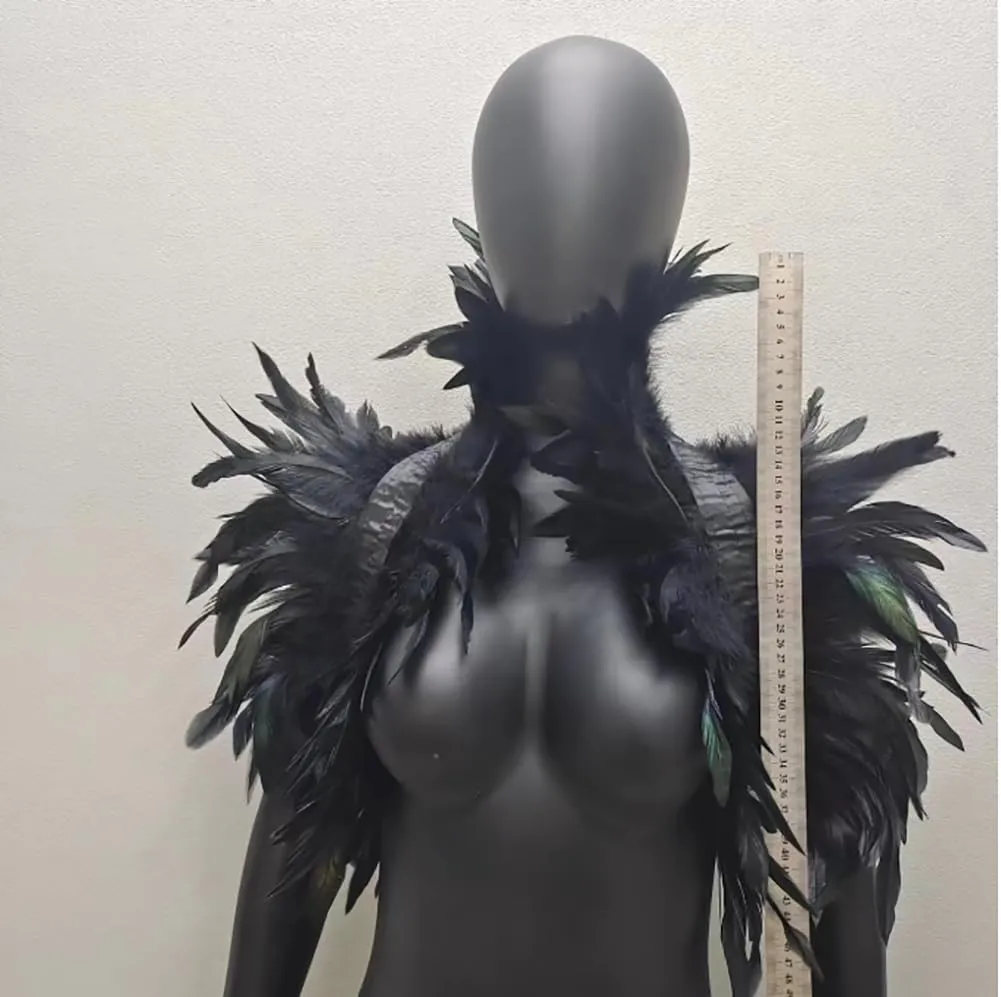 SEADEAR Gothic Feather Shrug Cape Shawl, Women Feather Shawl with Feather Cuffs Feather Cloak Halloween Maleficent Costumes