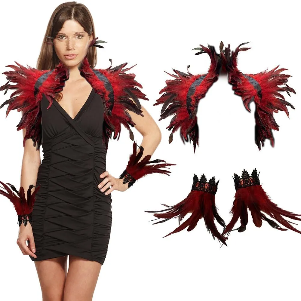 SEADEAR Gothic Feather Shrug Cape Shawl, Women Feather Shawl with Feather Cuffs Feather Cloak Halloween Maleficent Costumes