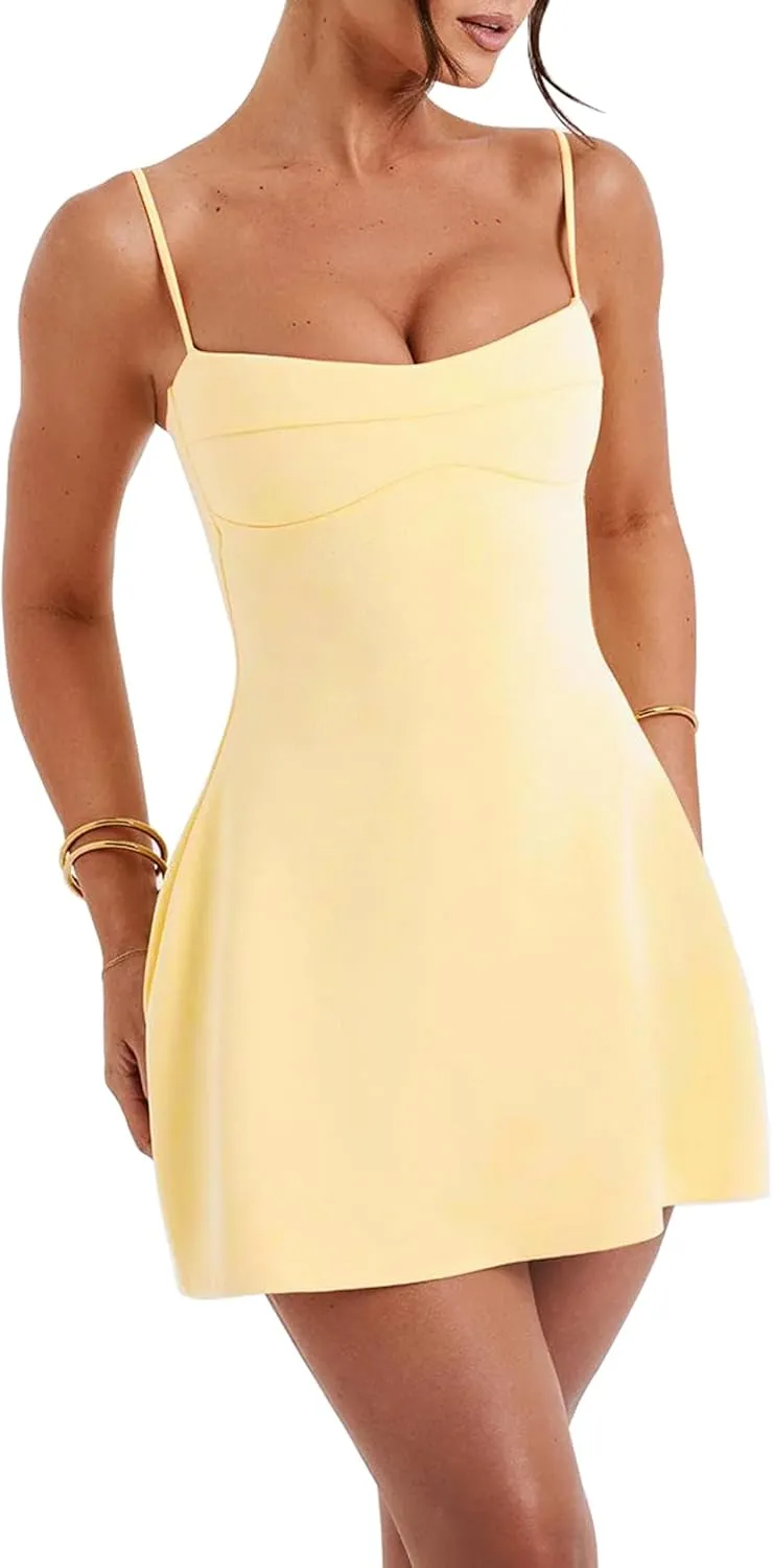 SHESEEWORLD Women's Sexy Spaghetti Strap A-Line Y2k Sleeveless Zipper Back Double-Layer Flowy Short Dress
